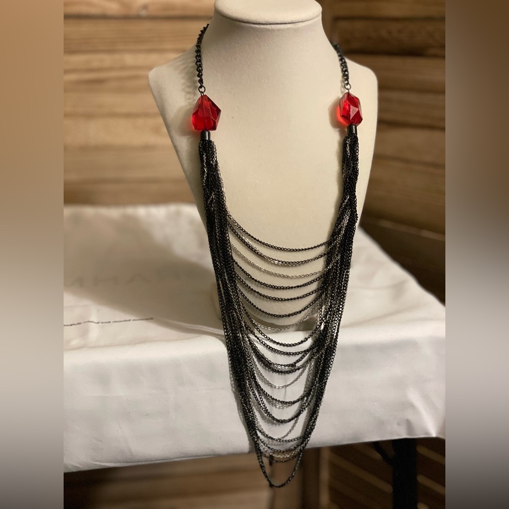 Elegant Black Silver and Red Chain Necklace